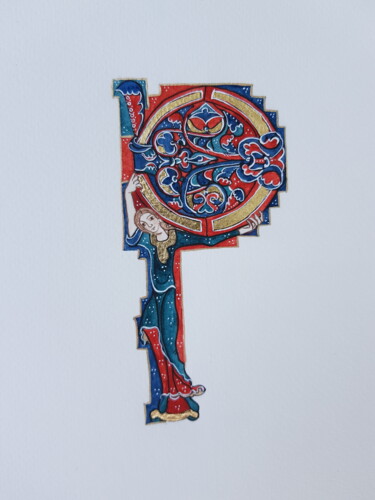 Initial Letter P with a Young Lady, Red Blue & Gold Fantasy Peinture intitulée "Initial Letter P wi…" par Ekaterina Andreeva, Œuvre d'art originale, Aquarelle