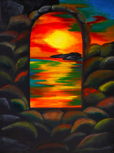 Sunset Castle Window: A Coastal Seascape in Oil 제목이 "Sunset Castle Windo…"인 미술작품 Tetiana Surshko (SurshkoArt)로, 원작, 기름