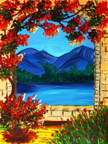Castle Window Seascape with Blooming Flowers 绘画 标题为“Castle Window Seasc…” 由Tetiana Surshko (SurshkoArt), 原创艺术品, 油