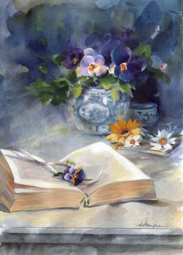 Peinture intitulée ""Livre et pensées"" par Sylvie Vernageau, Œuvre d'art originale, Aquarelle