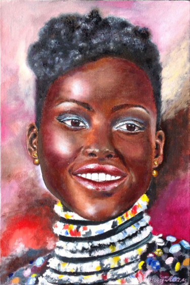 Painting titled "African girl portra…" by Liubov Samoilova, Original Artwork, Oil Mounted on Other rigid panel