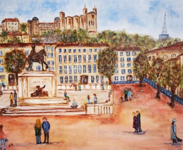 Schilderij getiteld "Place Bellecour" door Anne Gobin, Origineel Kunstwerk, Acryl Gemonteerd op Frame voor houten brancard
