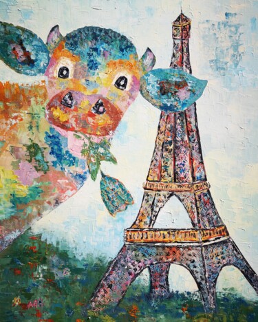Peinture intitulée "Une vache à Paris" par Anne Gobin, Œuvre d'art originale, Acrylique Monté sur Châssis en bois