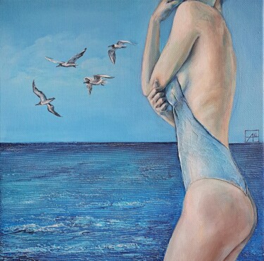 Meeting with ... and the sea Painting titled "Meeting with ... an…" by Anna Shuvaeva, Original Artwork, Acrylic Mounted on Wood Stretcher frame