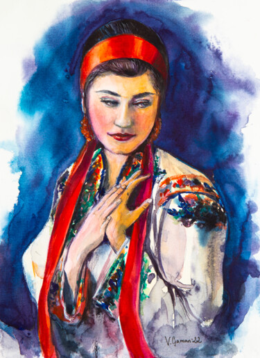 Ukrainian young woman in a national costume. Watercolor. "Ukrainian young wom…" başlıklı Tablo Виктория Гаман tarafından, Orijinal sanat, Suluboya