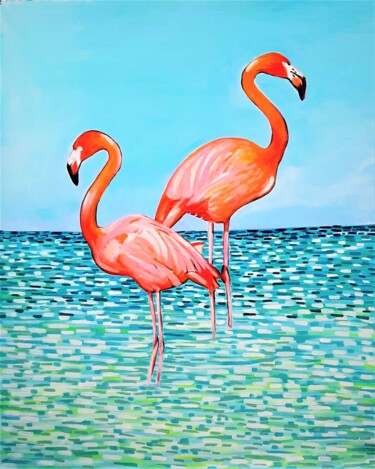 绘画 标题为“Flamingos / 110 x 9…” 由Alexandra Djokic, 原创艺术品, 丙烯