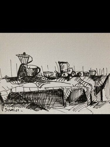 Dessin intitulée "La table" par Dominique Corti, Œuvre d'art originale, Encre