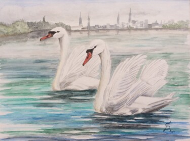 Malerei mit dem Titel "Schwäne auf der Als…" von Stefan Dhein, Original-Kunstwerk, Aquarell