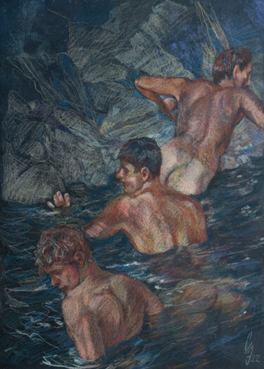 Dessin intitulée "Water boys." par Sergey Sovkov, Œuvre d'art originale, Conté
