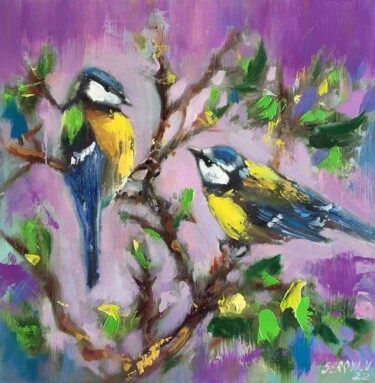 Bird Oil Painting Small Art Miniature pair birds blue tits Ζωγραφική με τίτλο "Bird Oil Painting S…" από Valerie Serova, Αυθεντικά έργα τέχνης, Λάδι