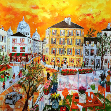 Terrasse fleurie en haut de la rue Lepic à Paris Painting titled "Terrasse fleurie en…" by Jean-Pierre Borderie, Original Artwork, Acrylic