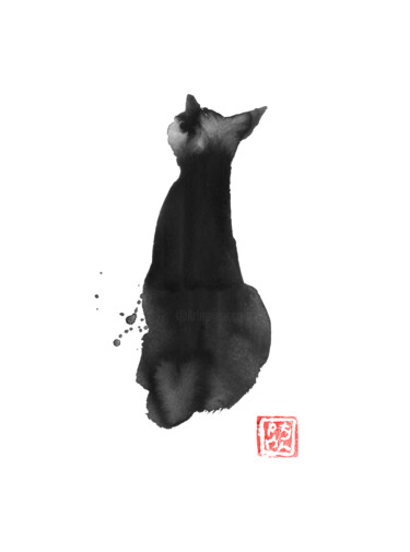 Σχέδιο με τίτλο "black cat back" από Péchane, Αυθεντικά έργα τέχνης, Ακουαρέλα