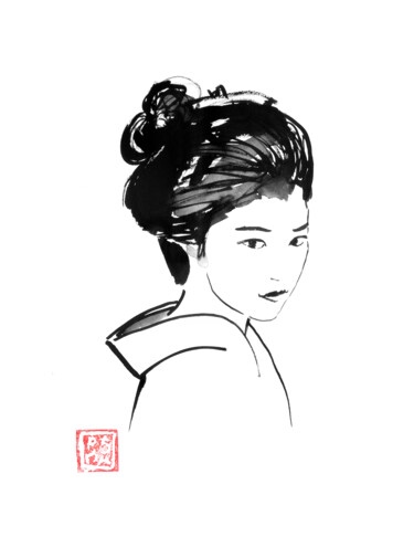 图画 标题为“geisha in kimono” 由Péchane, 原创艺术品, 水彩