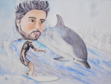 AQUARELLE originale et unique intitulée : Grosse tête surfer Peinture intitulée "AQUARELLE originale…" par Isabelle Redonnet, Œuvre d'art originale, Aquarelle