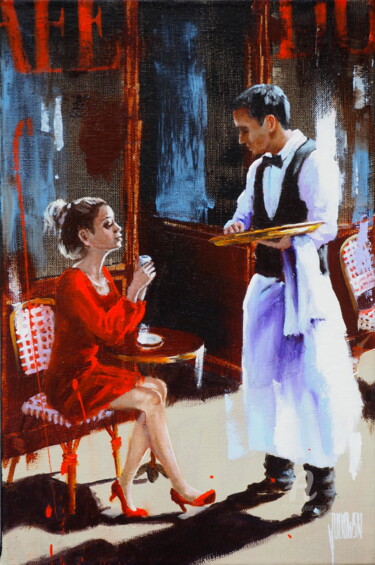 Peinture intitulée "Le café du 4e" par Sylvie Julkowski-Egard, Œuvre d'art originale, Huile Monté sur Châssis en bois