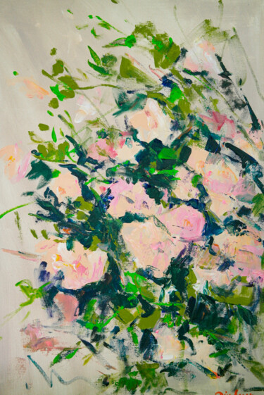 Fading roses - pale flowering bush, floral, nature, buds 「Fading roses - pale…」というタイトルの絵画 Dina Aseevaによって, オリジナルのアートワーク, アクリル ウッドストレッチャーフレームにマウント