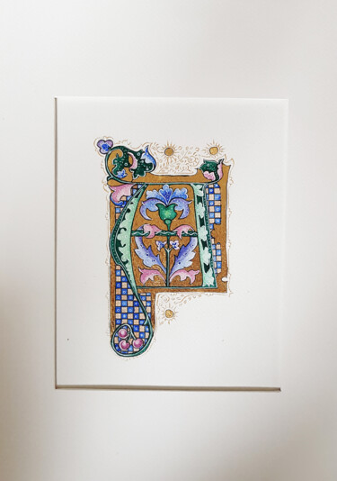 Initial Letter A, Medieval Fantasy, A Floral Monogram, Blue, 绘画 标题为“Initial Letter A, M…” 由Ekaterina Andreeva, 原创艺术品, 水彩