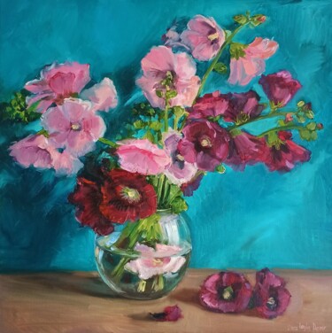 Painting titled "Hollyhocks pink Mal…" by Leyla Demir, Original Artwork, Oil Mounted on Wood Stretcher frame