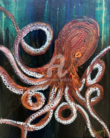 绘画 标题为“Red Octopus” 由Fabien Dessoly (Symbolic Art BZH), 原创艺术品, 丙烯 安装在木质担架架上