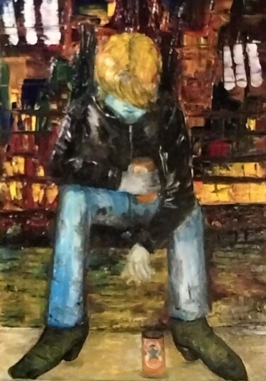 Painting titled "Le blues du rocker" by Nicole Bachelard, Original Artwork, Oil Mounted on Wood Stretcher frame