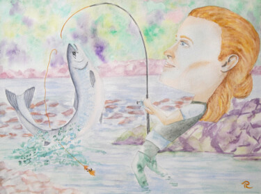 AQUARELLE originale et unique: Grosse tête pêcheur sportif Peinture intitulée "AQUARELLE originale…" par Isabelle Redonnet, Œuvre d'art originale, Aquarelle