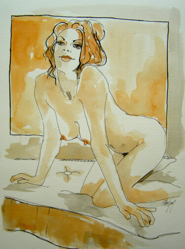Stéphanie à genoux sur un matelas Dessin intitulée "Stéphanie à genoux…" par Stewart Fletcher, Œuvre d'art originale, Encre
