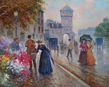 「By the florist - Pa…」というタイトルの絵画 Domenico Roncaによって, オリジナルのアートワーク, オイル ウッドストレッチャーフレームにマウント