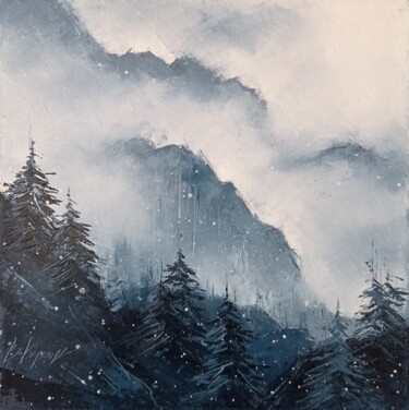 Fog in the mountains, landscape with spruces palette knife Peinture intitulée "Fog in the mountain…" par Viktoriia Kerner, Œuvre d'art originale, Huile