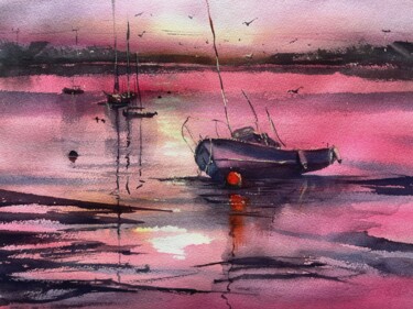 Painting titled "Carmin sunset" by Svetlana Kostina, Original Artwork, Watercolor