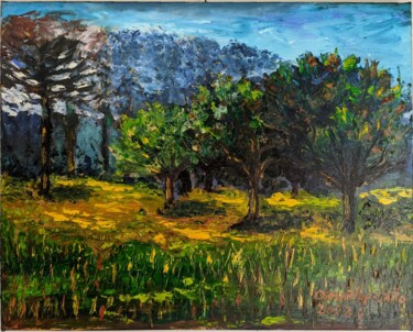 Árvores com araucária Painting titled "Árvores com araucár…" by Osmar Ropelatto, Original Artwork, Oil Mounted on Wood Stretcher frame