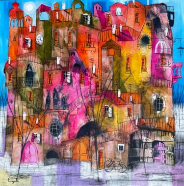 Pittura intitolato "Borgo estivo" da Paolo Fumagalli, Opera d'arte originale, Olio Montato su Telaio per barella in legno