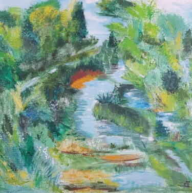 Painting titled "Au milieu coule une…" by Christiane Tort, Original Artwork, Acrylic Mounted on Wood Stretcher frame