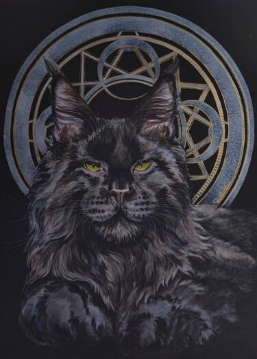 Картина под названием "Black Maine Coon" - Olga Matyunina, Подлинное произведение искусства, Акварель