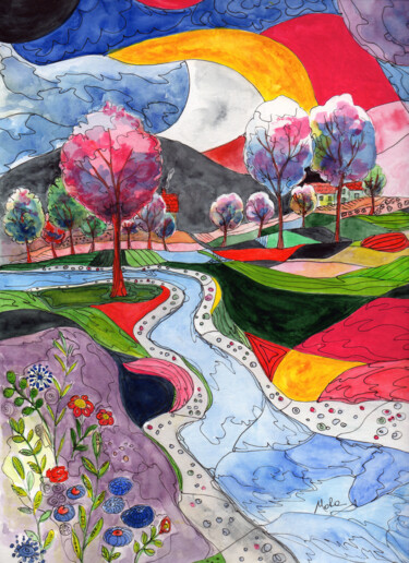 Painting titled "El valle" by Mora Castela, Original Artwork, Watercolor
