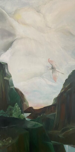 Le héron et la falaise, PA se demande si l'eau est froide Peinture intitulée "Le héron et la fala…" par Vérogoude, Œuvre d'art originale, Huile Monté sur Châssis en bois