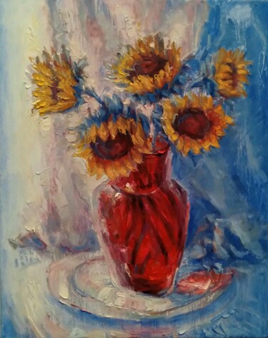 Sunflowers Painting titled "Sunflowers" by Alex Klas, Original Artwork, Oil Mounted on Wood Stretcher frame