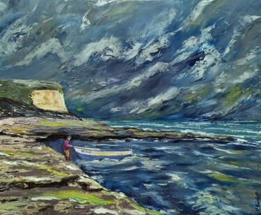 Peinture intitulée "Yport, retour de pê…" par Pascal Baudot, Œuvre d'art originale, Huile Monté sur Châssis en bois