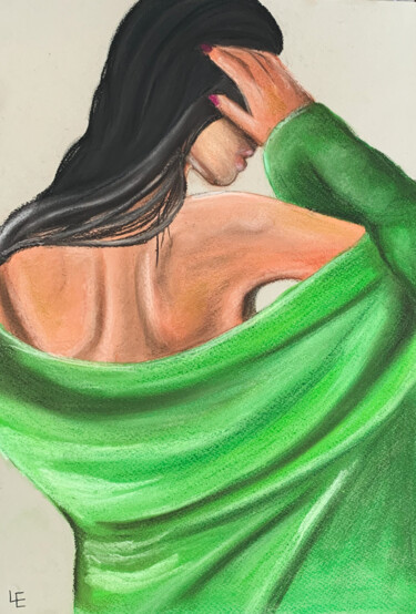 Sexy nude woman in green blazer - sexy art decor for wall Рисунок под названием "Sexy nude woman in…" - Elena Polak, Подлинное произведение искусства, Пастель