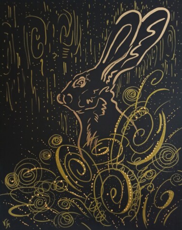 RABBIT IN THE GRASS - animal art, home decor, abstract art 绘画 标题为“RABBIT IN THE GRASS…” 由Alona Vakhmistrova, 原创艺术品, 标记 安装在木质担架架上