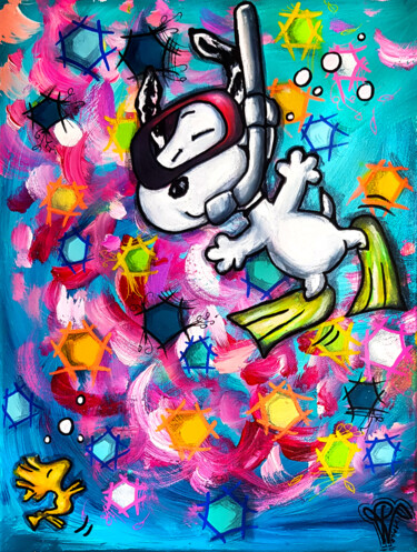 Tableau Snoopy Pop Art / Peinture Snoopy Loves Diving Unique 绘画 标题为“Tableau Snoopy Pop…” 由Pvettese, 原创艺术品, 丙烯 安装在木质担架架上