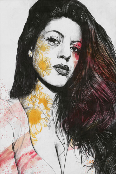 Letter Never Sent | sunflower tattoo woman realistic portrai Tekening getiteld "Letter Never Sent |…" door Marco Paludet, Origineel Kunstwerk, Grafiet