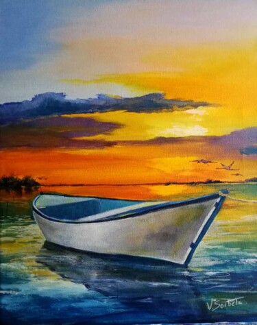 Peinture intitulée ""barque au soleil l…" par Valerie Sorbets, Œuvre d'art originale, Huile