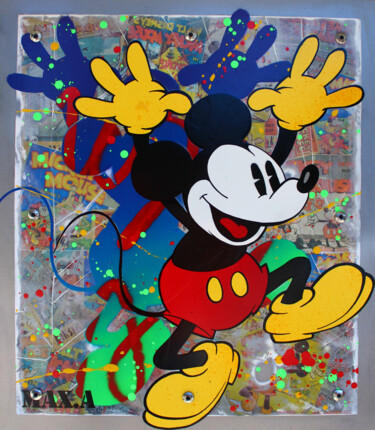 「métal mickey 2」というタイトルの絵画 Max Andriotによって, オリジナルのアートワーク, スプレー式塗料 ウッドパネルにマウント