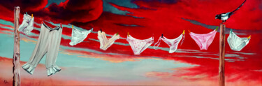 Painting titled "🐦LINGERIE à la Pie…" by Isabel Mahe, Original Artwork, Oil Mounted on Wood Stretcher frame