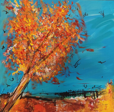 Painting titled "Automne en bord de…" by Âme Sauvage, Original Artwork, Acrylic Mounted on Wood Panel