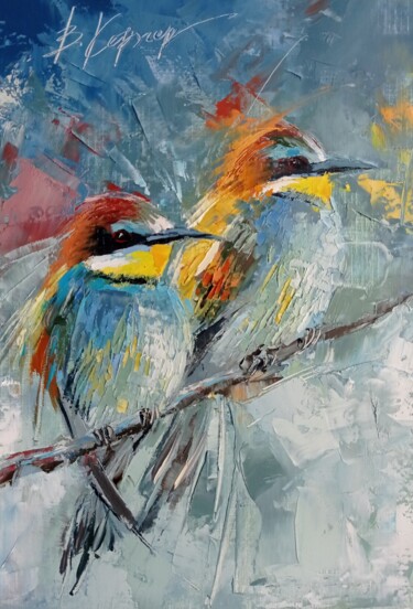 "Bee-eaters" birds oil painting with a palette knife 제목이 ""Bee-eaters" birds…"인 미술작품 Виктория Кернер로, 원작, 기름