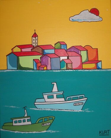 Tableau Naif Pays-Basque Pêche Tardive Peinture intitulée "Tableau Naif Pays-B…" par Didier Dordeins, Œuvre d'art originale, Acrylique Monté sur Châssis en bois