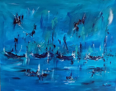 Le bleu intense de la nuit - tableau abstrait bateaux 绘画 标题为“Le bleu intense de…” 由Âme Sauvage, 原创艺术品, 丙烯 安装在木质担架架上