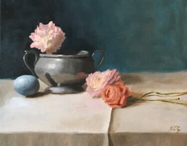 Painting titled "Turquoise Stone and…" by Nicole Le Gall, Original Artwork, Oil Mounted on Wood Panel