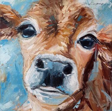 "Calf" animal oil painting on canvas palette knife 제목이 ""Calf" animal oil p…"인 미술작품 Виктория Кернер로, 원작, 기름